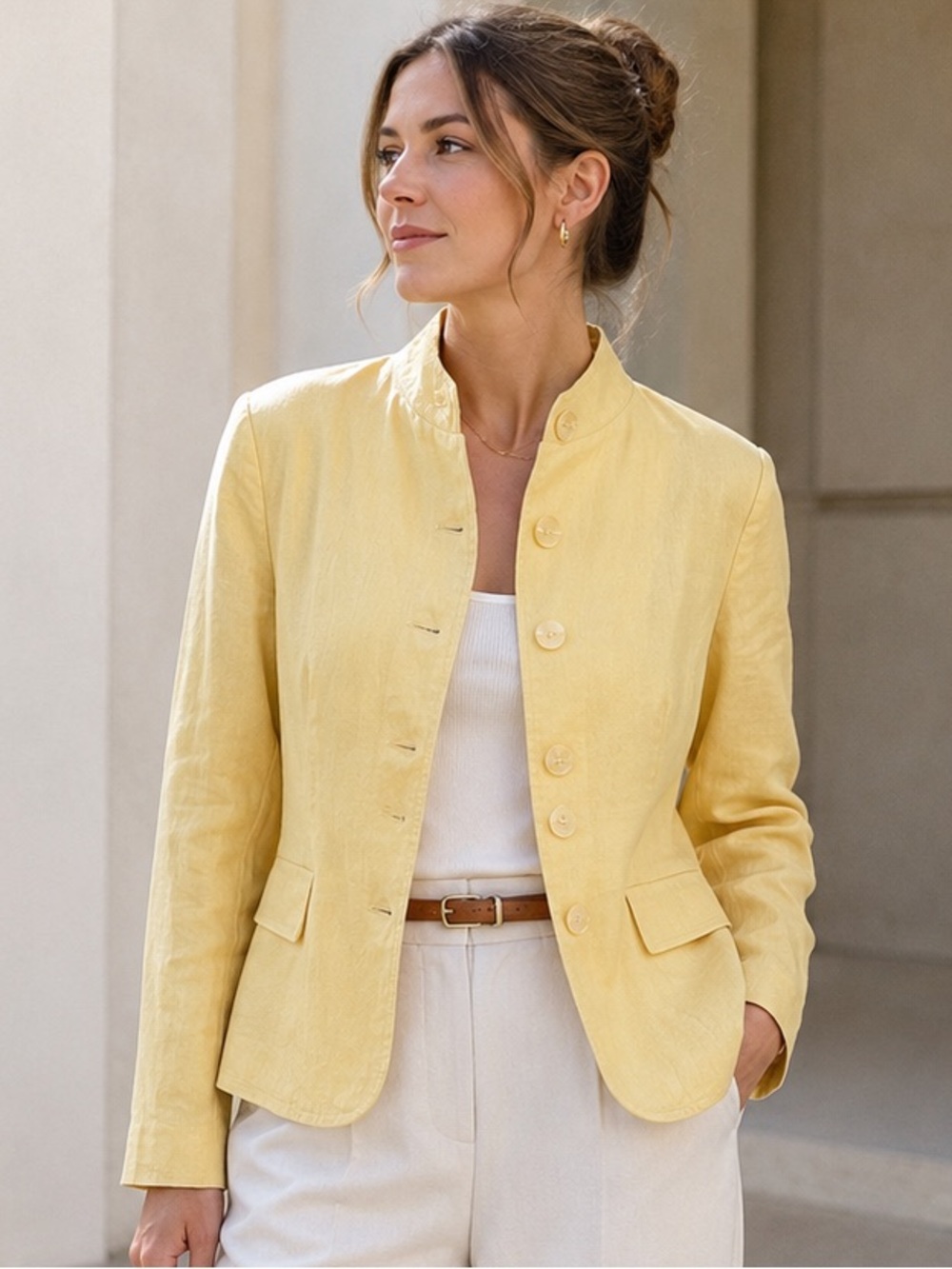 JG Hook Yellow Linen Blend Jacket Structured Button Front Blazer Size 16